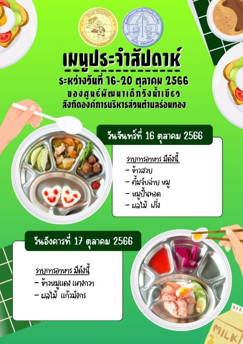 เมนูประจำสัปดาห์ ระหว่างวันที่ 16-20 ตุลาคม 2566 ของเด็กนักเรียนศูนย์พัฒนาเด็กเล็กวังน้ำเขียว