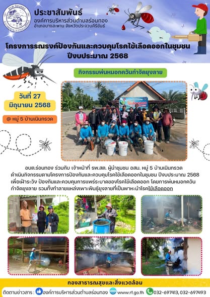 วันที่ 27 มิถุนายน 2568
🦟🦟 อบต.ร่อนทอง ร่วมกับ เจ้าหน้าที่ รพ.สต. ผู้นำหมู่บ้าน และ อสม. หมู่ 5 บ้านเนินกรวด ดำเนินกิจกรรมตามโครงการป้องกันและควบคุมโรคไข้เลือดออกในชุมชน ปีงบประมาณ 2568 เพื่อเฝ้าระวัง ป้องกันและควบคุมการแพร่ระบาดของโรคไข้เลือดออก โดยการพ่นหมอกควันกำจัดยุงลาย รวมทั้งทำลายแหล่งเพาะพันธุ์ยุงลายที่่เป็นพาหะนำโรค ณ หมู่ 5 บ้านเนินกรวด
#ไข้เลือดออก