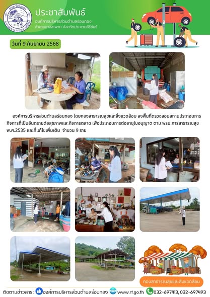 🗓️วันที่ 9 กันยายน 2568 เวลา 09.00 น.
👶นายบุญยฤทธิ์ แดงรักษา ปลัด อบต. ปฏิบัติหน้าที่นายก อบต.ร่อนทอง มอบหมายให้ น.ส.ธัญวรัตน์ ทองเงิน นักวิชาการสาธารณสุขชำนาญการ รักษาราชการแทน ผอ.กองสาธารณสุขฯ และเจ้าหน้าที่กองสาธารณสุขฯ ลงพื้นที่ตรวจสอบสถานประกอบการกิจการที่เป็นอันตรายต่อสุขภาพและกิจการตลาด เพื่อประกอบการต่ออายุใบอนุญาต ตาม พรบ.การสาธารณสุข พ.ศ.2535 และที่แก้ไขเพิ่มเติม จำนวน 9 ราย